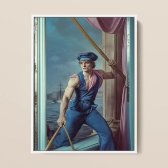 Hender Bender - Gay Russian Sailor Framed Canvas, 12x16’’ / 31x41cm / White Floating Frame, Framed Painting Muscular Man Blue Cap Oars Ship