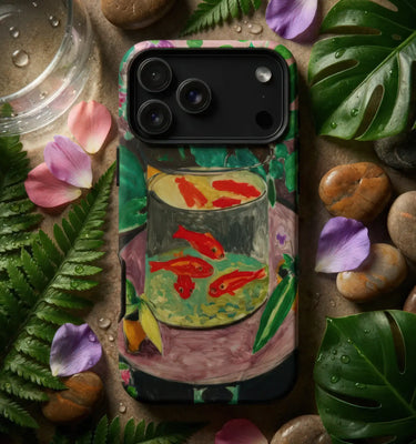 A phone case featuring a painted illustration of a bowl with red goldfish, styled in a flat-lay with green leaves, purple flower petals, and smooth stones.