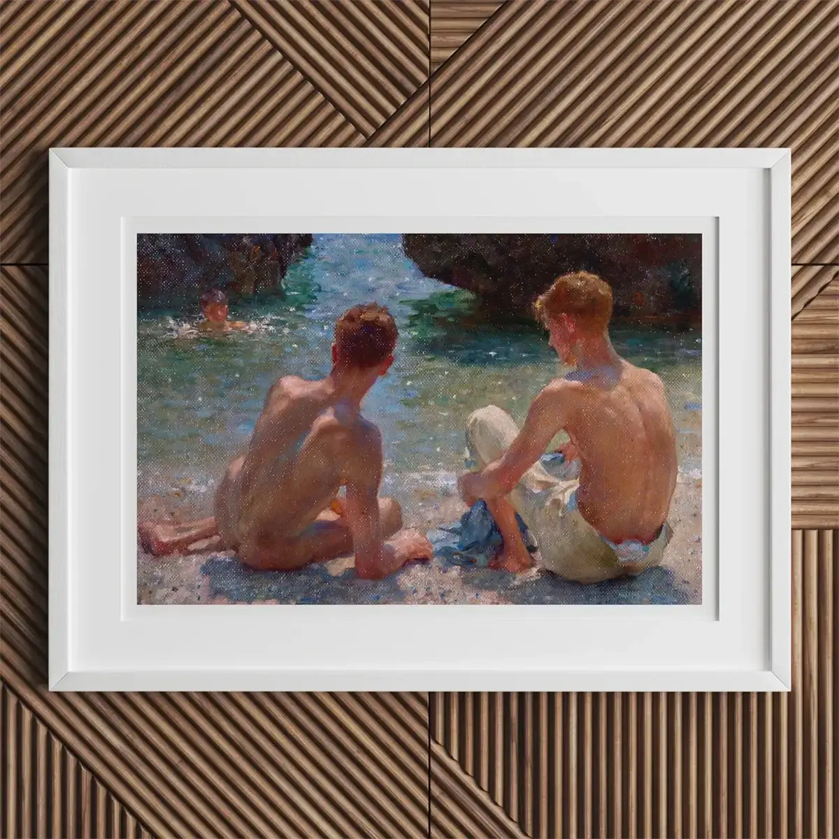 Framed beach scene painting by Henry Scott Tuke showcasing Edwardian sunlight