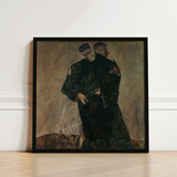 Black-framed Artwork Two Figures Dark Textured Garments Muted Egon Schiele, Men, Vienna Expressionist Circle, Black Robes Seam, Hand’s
