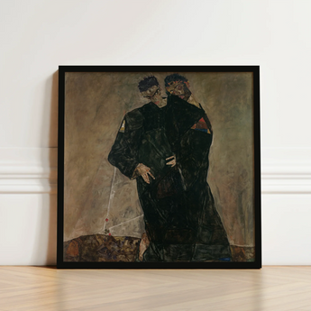 Black-framed Artwork Two Figures Dark Textured Garments Muted Egon Schiele, Men, Vienna Expressionist Circle, Black Robes Seam, Hand’s