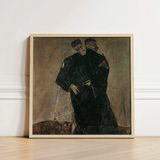 Framed Painting Light Wood Frame Two Figures Dark Egon Schiele, Men, Vienna Expressionist Circle, Black Robes Seam, Hand’s Fingers Splay,