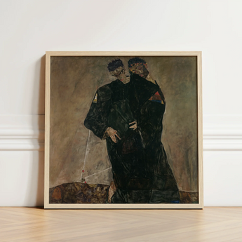 Framed Painting Light Wood Frame Two Figures Dark Egon Schiele, Men, Vienna Expressionist Circle, Black Robes Seam, Hand’s Fingers Splay,