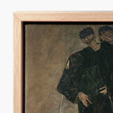 Framed Artwork Dark Textured Painting Two Figures Somber Egon Schiele, Men, Vienna Expressionist Circle, Black Robes Seam, Hand’s Fingers