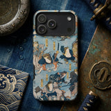 Heroes of the Kabuki Stage Played by Frogs - Utagawa Kuniyoshi Phone Case Blue Phone Case Detailed Illustration Frogs Traditional Japanese