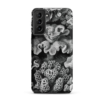 Hexacoralla Six-rayed Star Corals - Ernst Haeckel Samsung Case, Galaxy S21 Plus / Matte, Black White Patterned Phone Case Coral Reef Design