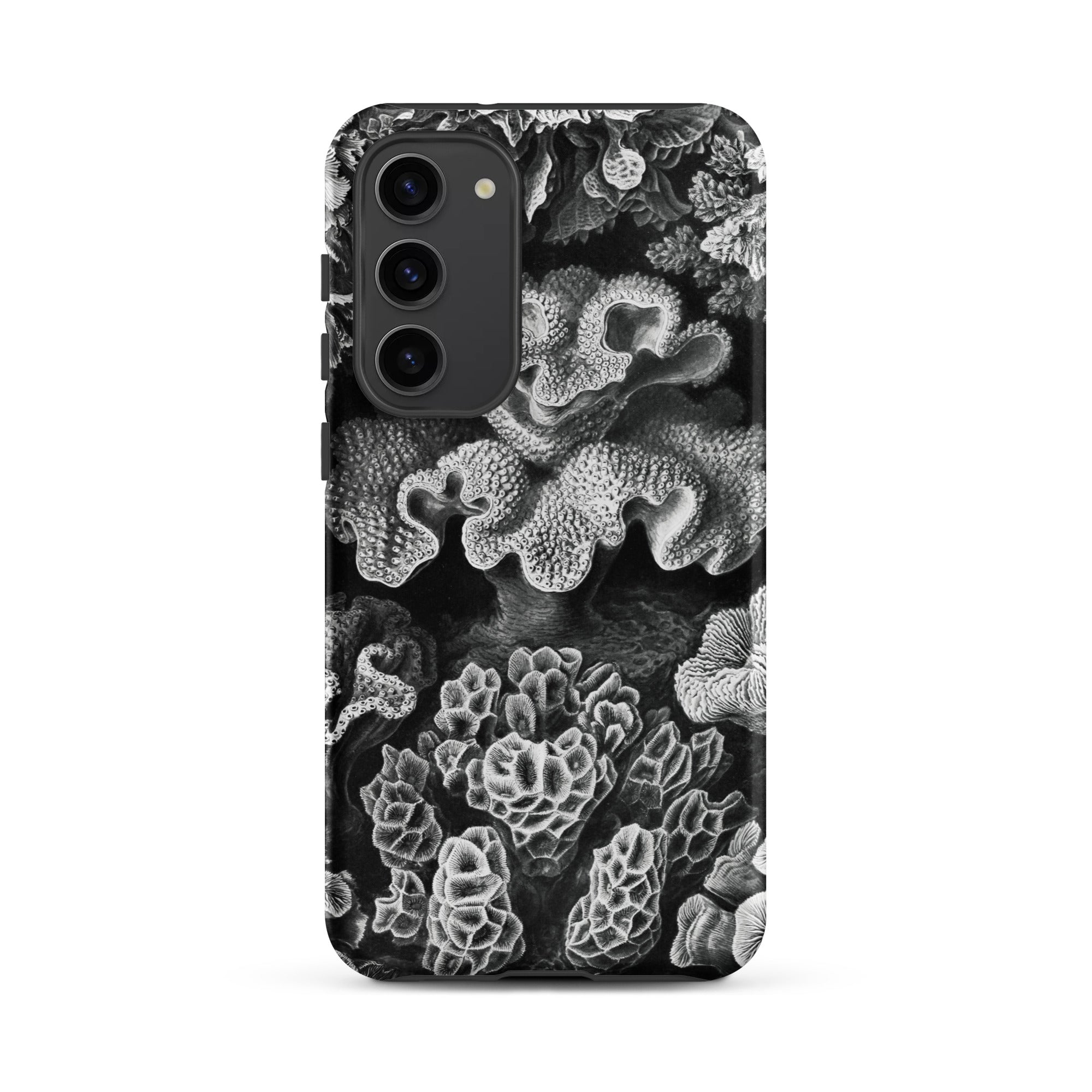 Hexacoralla Six Rayed Star Corals Ernst Haeckel Samsung Case, Galaxy S23 Plus / Matte, Black Phone Case Textured Grayscale Coral Reef Design