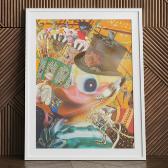 Surreal carnival art print framed, featuring a duck wearing a top hat.