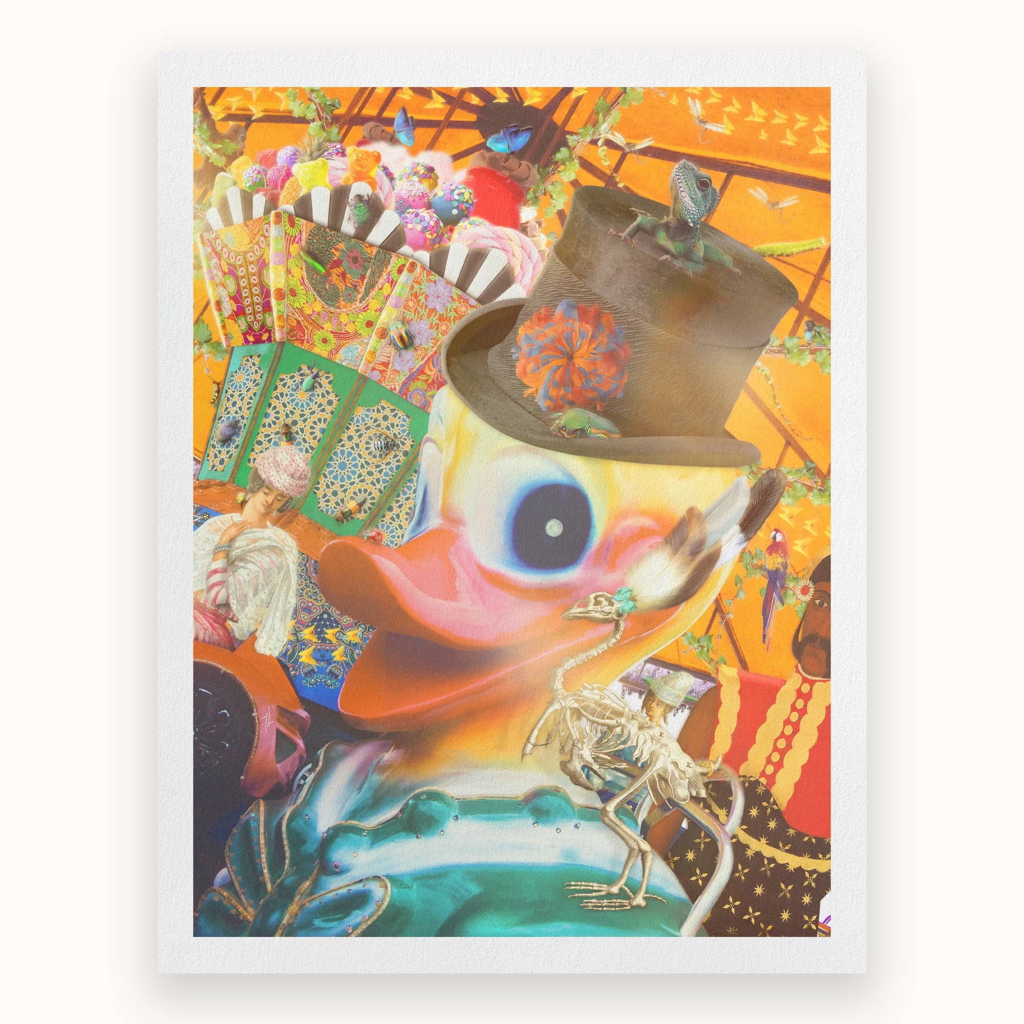 Hey Good Looking - Surreal Carnival Collage Art Print, Surrealist Collage Vibrant Abstract Face-like Form Prominent Blue