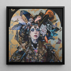 The Hierophant - Surreal Tarot Art Framed Canvas, 12x12’’ / 31x31cm / Black Floating Frame, Framed Portrait Woman Adorned Flowers