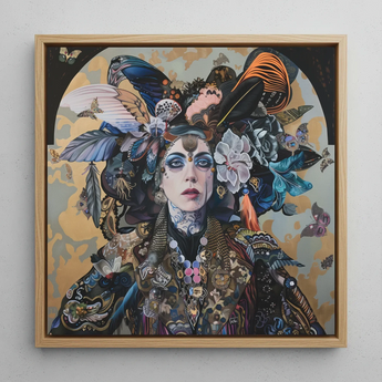 The Hierophant - Surreal Tarot Art Framed Canvas, 12x12’’ / 31x31cm / Natural Floating Frame, Framed Mixed-media Artwork Woman Elaborate