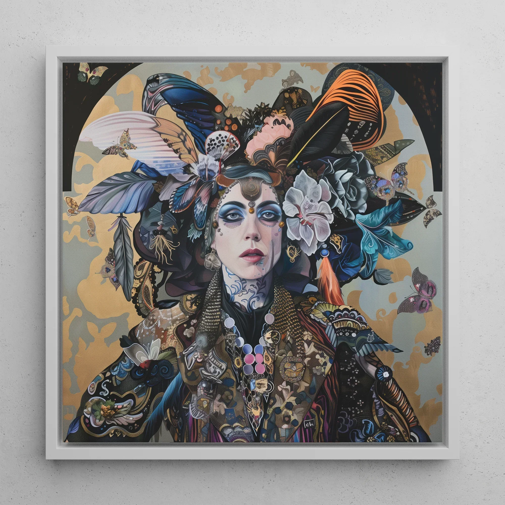 The Hierophant Surreal Tarot Art Framed Canvas, 12x12’’ / 31x31cm / White Floating Frame, Framed Portrait Woman Adorned Flowers Butterflies
