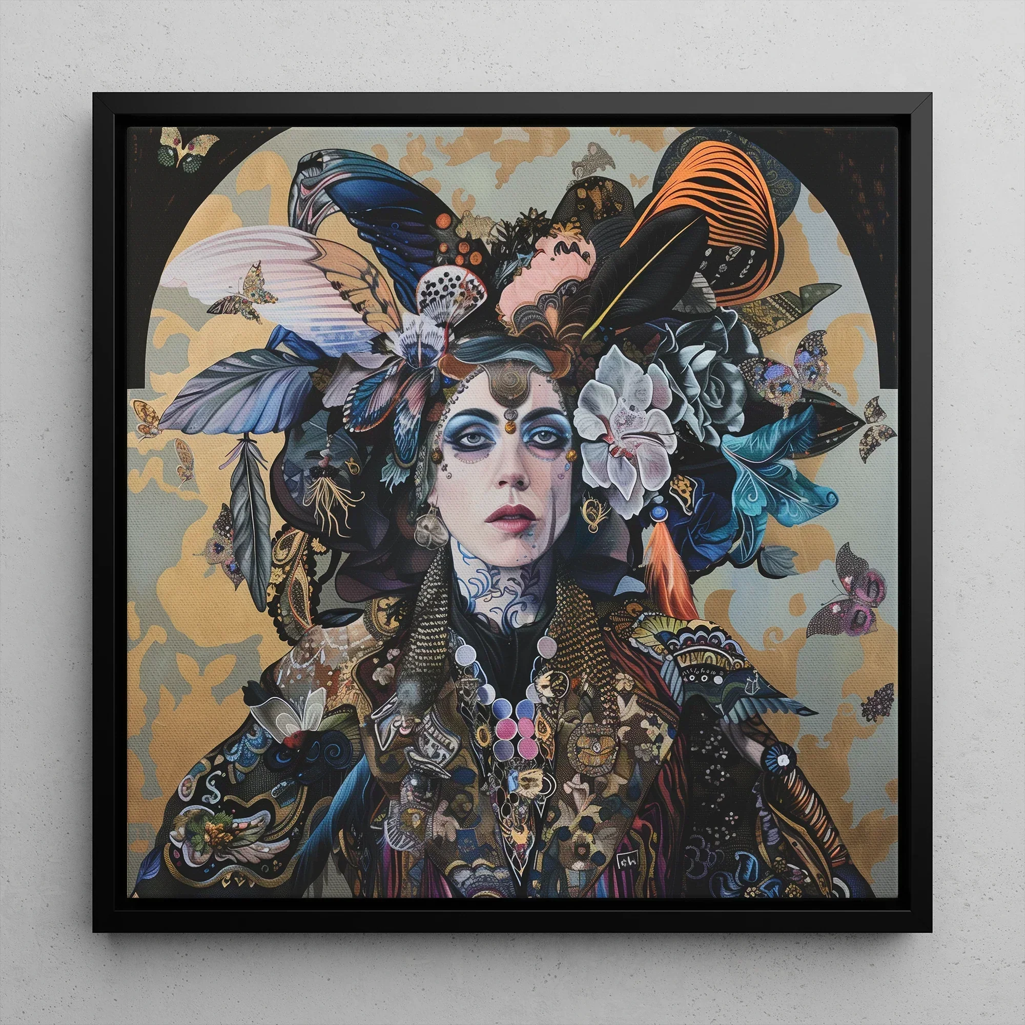 The Hierophant Surreal Tarot Art Framed Canvas, 12’’x12’’ / Black Floating Frame, Framed Portrait Woman Adorned Flowers Butterflies