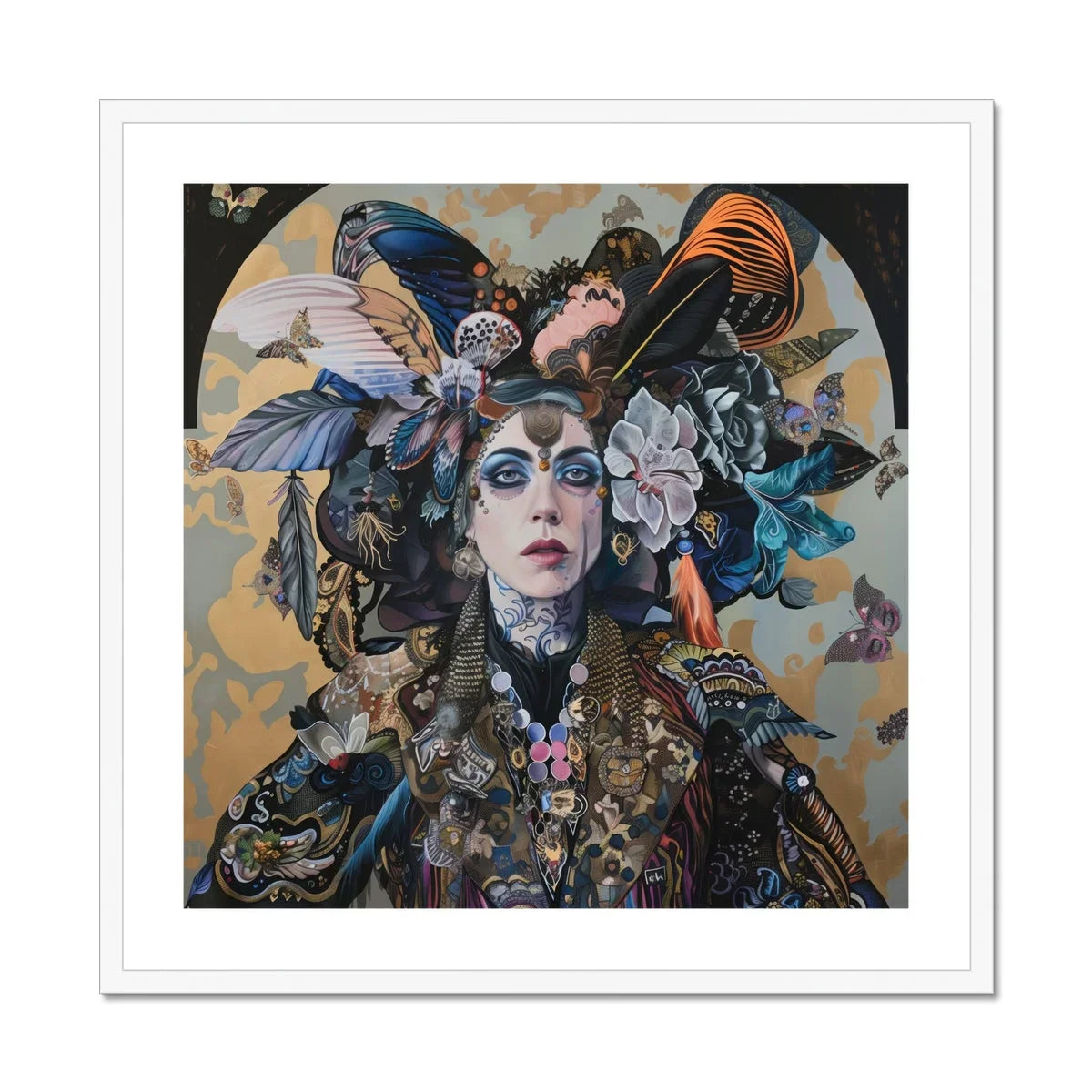 The Hierophant - Surreal Tarot Art Print, Ornate Fantasy Portrait Ethereal Figure Adorned Feathers Flowers