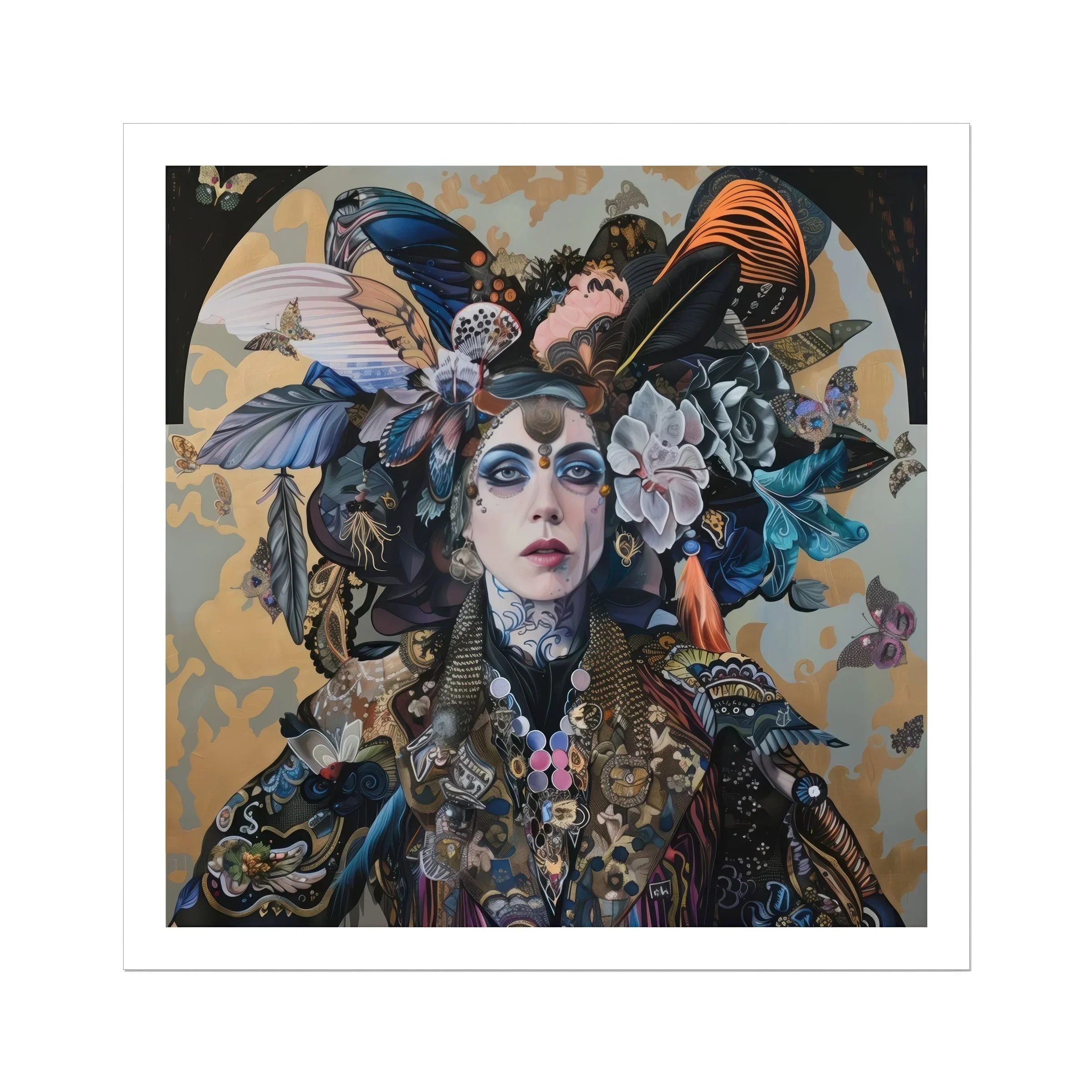 The Hierophant - Surreal Tarot Art Print, Ornately Adorned Figure Elaborate Headdress Birds Flowers Fantastical