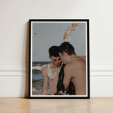 Black-framed Art Print Two Shirtless Men Beach Scene Gay Hookup, Surf Spits Foam, Faces Drift Nearer