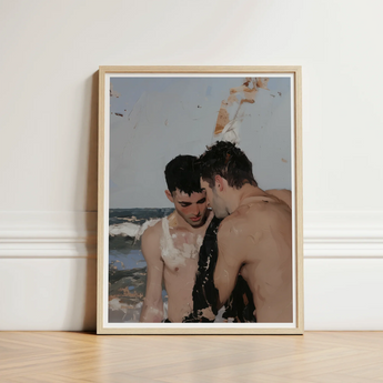 Framed Painting Two Shirtless Men Beach Scene Encased Gay Hookup Art Print, Surf Spits Foam, Faces Drift Nearer
