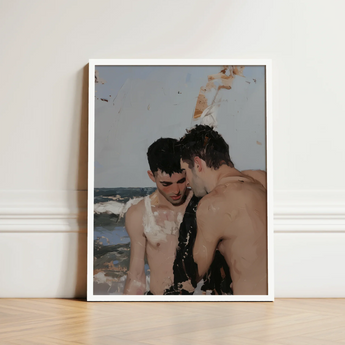 White-framed Artwork Two Shirtless Men Beach Scene Visible Gay Hookup Art Print, Surf Spits Foam, Faces Drift Nearer
