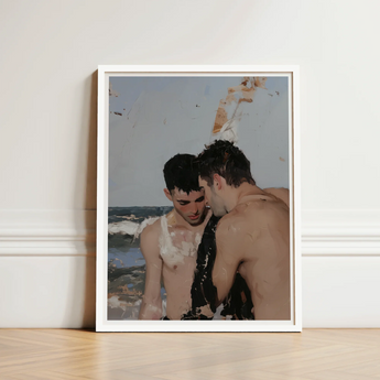 White-framed Art Print Two Shirtless Men Beach Rendered Gay Hookup, Surf Spits Foam, Faces Drift Nearer