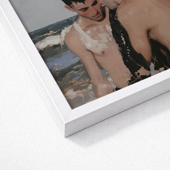 White Framed Painting Two Men Beach Scene Impasto Gay Hookup Art Print, Surf Spits Foam, Faces Drift Nearer