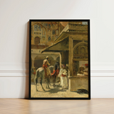 Black-framed Art Print Ornate Indian Courtyard Scene Figures Carved Marble Kiosk, Edwin Lord Weeks, Ink Bleeds