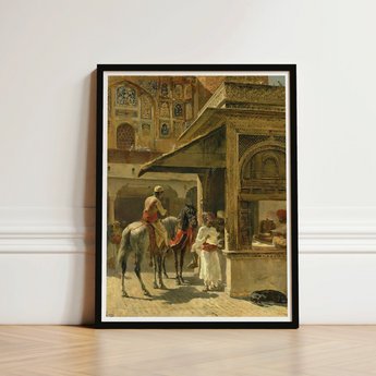 Black-framed Art Print Ornate Indian Courtyard Scene Figures Carved Marble Kiosk, Edwin Lord Weeks, Ink Bleeds