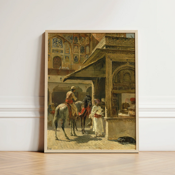 Framed Painting Ornate Indian Courtyard Scene Figures Horseback Carved Marble Kiosk, Edwin Lord Weeks Art, Ink Bleeds