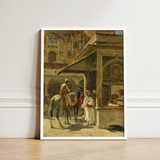White-framed Art Print Ornate Indian Courtyard Scene Figures Carved Marble Kiosk, Edwin Lord Weeks, Ink Bleeds