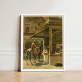 White-framed Art Print Historical Scene Ornate Architecture Figures Carved Marble Kiosk, Edwin Lord Weeks, Ink Bleeds