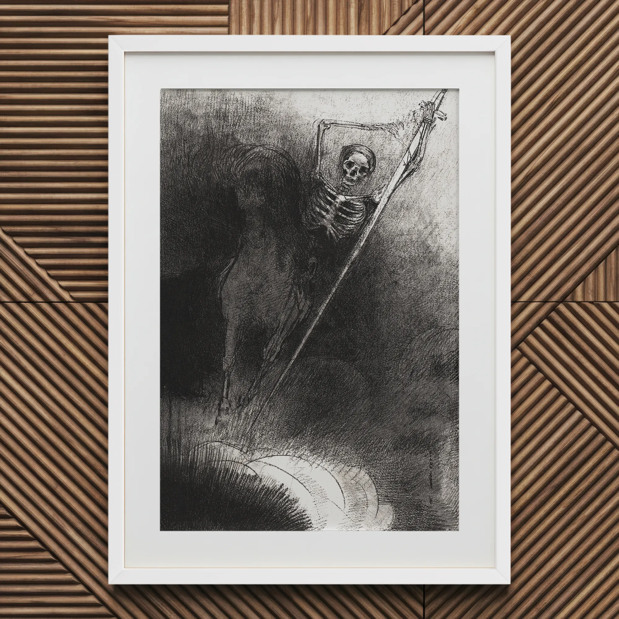 And His Name that Sat on Him was Death - Odilon Redon Art Print, 20x30’’ / 51x76cm / White Frame / 2’’ Matboard, Framed Black White