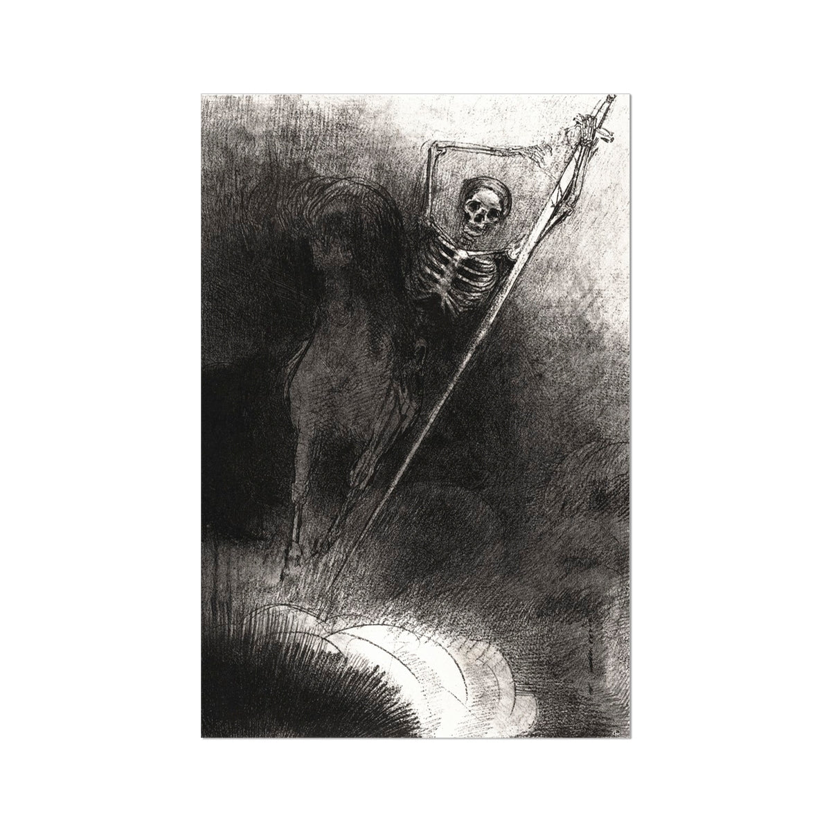 And His Name that Sat on Him was Death - Odilon Redon Art Print, Skeletal Figure Horseback Flag Skull Emblem