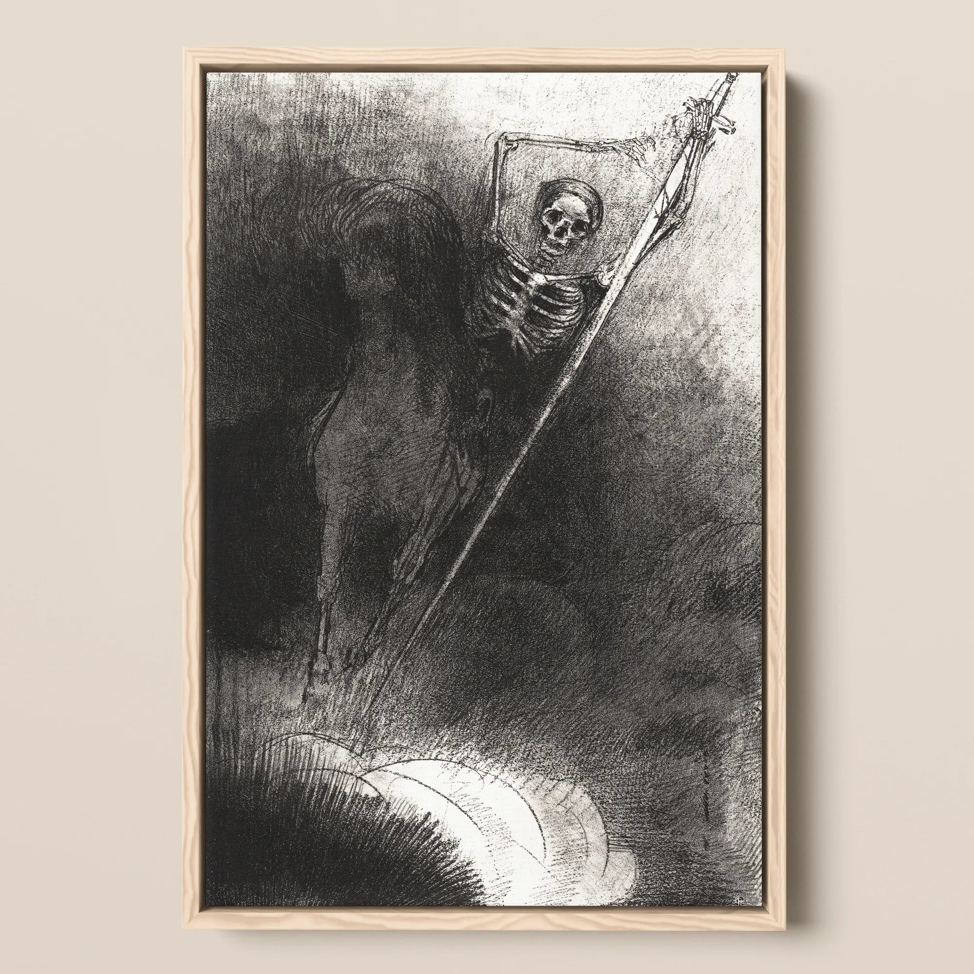 And His Name that Sat on Him was Death - Odilon Redon Framed Canvas, 12x18’’ / 31x46cm / Natural Floating Frame, Framed Black White