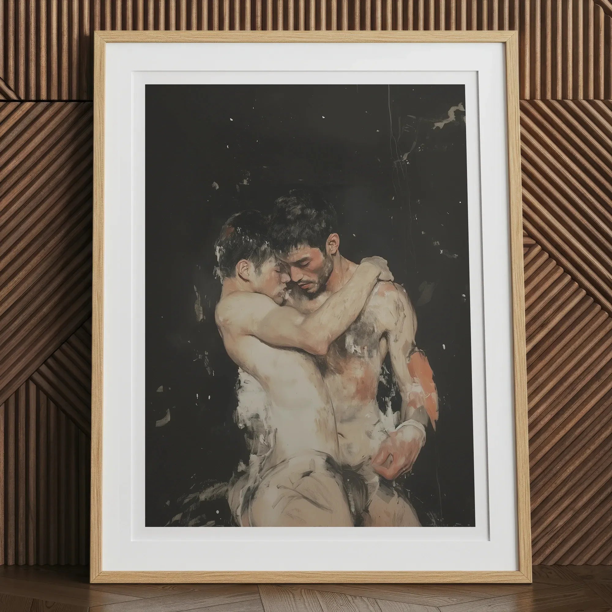 Hold Tight - Ancient Gay Fantasy Art Print, 12x16’’ / 31x41cm / Natural Frame, Framed Painting Two Shirtless Men