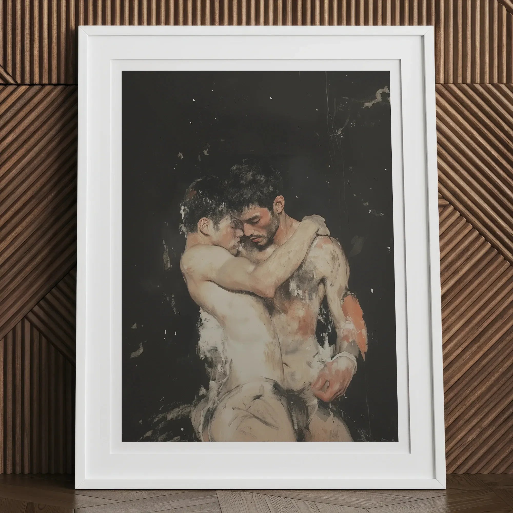 Hold Tight - Ancient Gay Fantasy Art Print, 12x16’’ / 31x41cm / White Frame, Framed Painting Two Shirtless Men