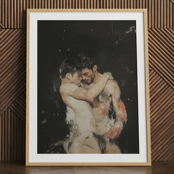Framed ancient gay fantasy art print of embracing men