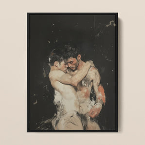 Hold Tight - Ancient Homoerotic Fantasy Framed Canvas, 12x16’’ / 31x41cm / Black Floating Frame, Framed Painting Two Men