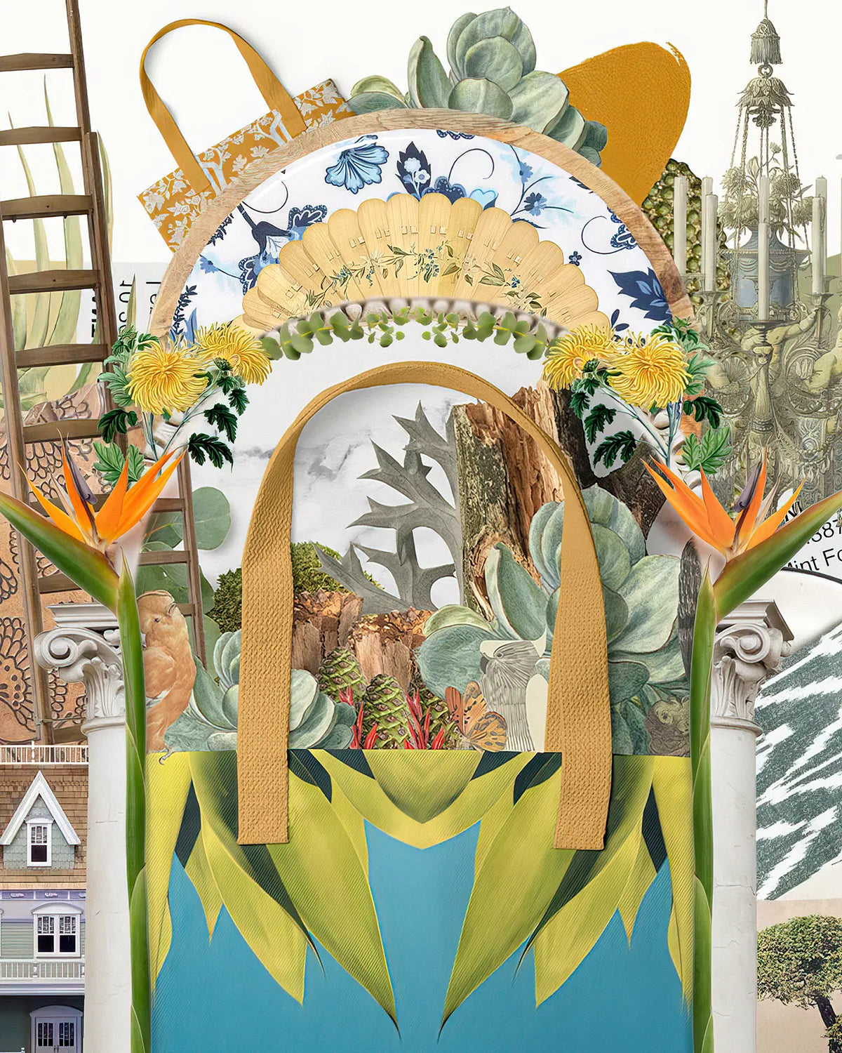 May home hero image with tote bag and floral details