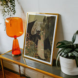 Home Sweet - Creepy Cute Demon Art Print, Bright Orange Glass Table Lamp Ribbed Base Cylindrical