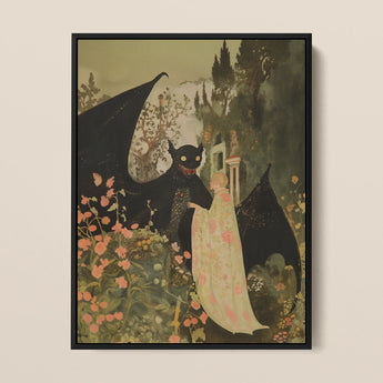 Home Sweet - Creepy Cute Demon Art Print / Canvas Black-framed Artwork Whimsical Scene Child Off-white Floral Robe Creepy Cute Demon,