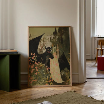 Home Sweet - Creepy Cute Demon Art Print / Canvas Framed Artwork Black Dragon Figure Gown Amidst Floral Creepy Cute Demon, Pastel Goth