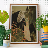 Home Sweet - Creepy Cute Demon Art Print, Framed Artwork Dark Winged Figure Pale Fantasy Landscape
