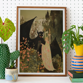 Home Sweet - Creepy Cute Demon Art Print, Framed Artwork Dark Winged Figure Pale Fantasy Landscape