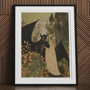Home Sweet - Creepy Cute Demon Art Print, Framed Artwork Stylized Dark Figure Wings Floral