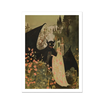 Home Sweet - Creepy Cute Demon Art Print, Stylized Illustration Dark Figure Wings Pale Floral