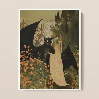 Home Sweet - Creepy Cute Demon Framed Canvas, 12x16’’ / 31x41cm / White Floating Frame, Framed Print Mythical Creature Person Garden