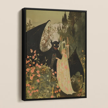 Home Sweet - Creepy Cute Demon Framed Canvas, Framed Painting Horned Winged Demon Woman Garden