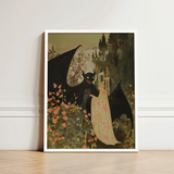 Framed Artwork Whimsical Scene Black Dragon Figure Ornate Creepy Cute Demon, Pastel Goth Priory, Lush Shadows