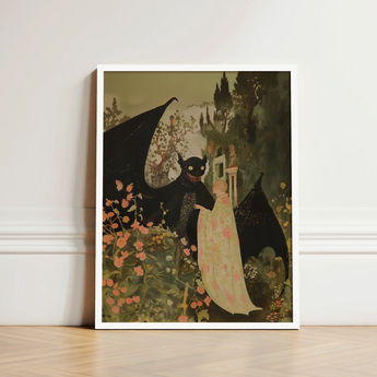Framed Artwork Whimsical Scene Black Dragon Figure Ornate Creepy Cute Demon, Pastel Goth Priory, Lush Shadows