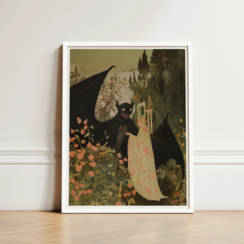 White-framed Art Print Whimsical Scene Black-winged Creatures Floral Creepy Cute Demon, Pastel Goth Priory, Lush Shadows