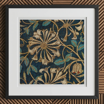 Honeysuckle - William Morris Floral Art Print, 12x12’’ / 31x31cm / Black Frame / 2’’ Matboard, Framed Artwork Dark Blue Floral Pattern